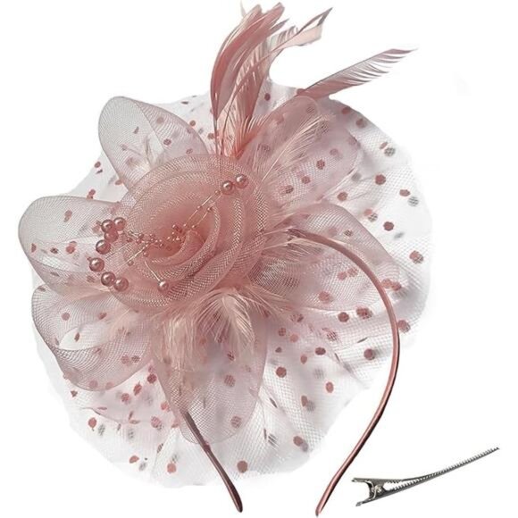 Women's Fascinators Tea Party Wedding Mesh Flower Pearl Feather Fascinator Hat - Picture 6 of 6